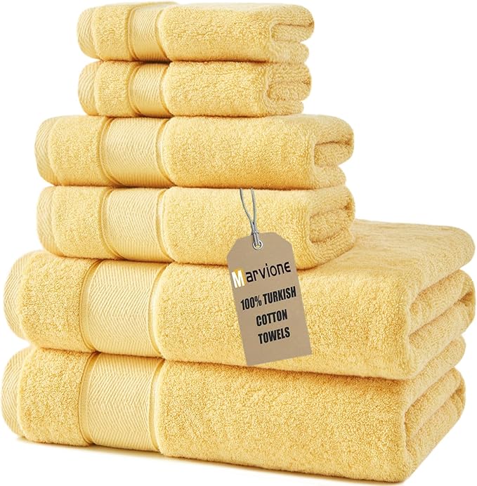 Marvione Bath Towels Set 6 Piece, 100% Turkish Cotton Highly Absorbent and Soft Towels for Bathroom 2 Bath Towels 2 Hand Towels 2 Washcloths, Light Yellow