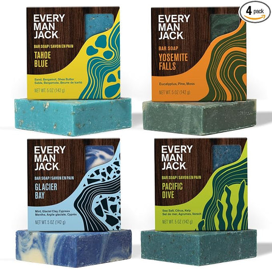 Every Man Jack Cold Plunge Mens Bar Soap Set - Deeply Cleans, Hydrates with Naturally Derived Ingredients - Iconic Cold Water Scents - Pacific Dive, Glacier Bay, Tahoe Blue, Yosemite Falls, 4 Bar Set