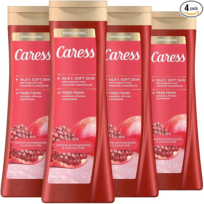 Caress Tahitian Pomegranate & Coconut Milk Exfoliating Scrub Body Wash with Hyaluronic Acid & Vitamin B3 for Moisturized, Silky Soft Skin, Long-Lasting Fragrance, 20 fl oz (4 Pack)