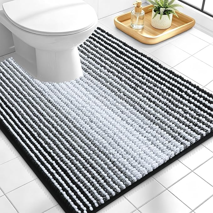 OLANLY Toilet Rugs U-Shaped 24x20, Extra Soft Absorbent Chenille Striped Contour Bathroom Rugs for Toilet, Dry Quickly, Machine Washable, Non-Slip Bath Mat, Black
