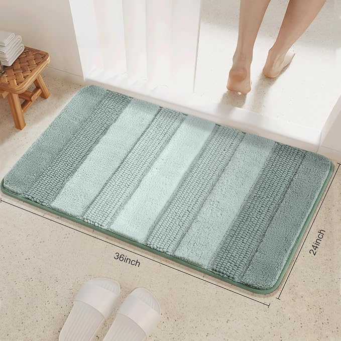 Kmson Ombre Chenille Bathroom Rugs, 24"x36" Non-Slip Bath Mat for Shower Floor & Bathtub, Ultra Soft Washable Shaggy, Fluffy Thick Water Absorbent Microfiber Green