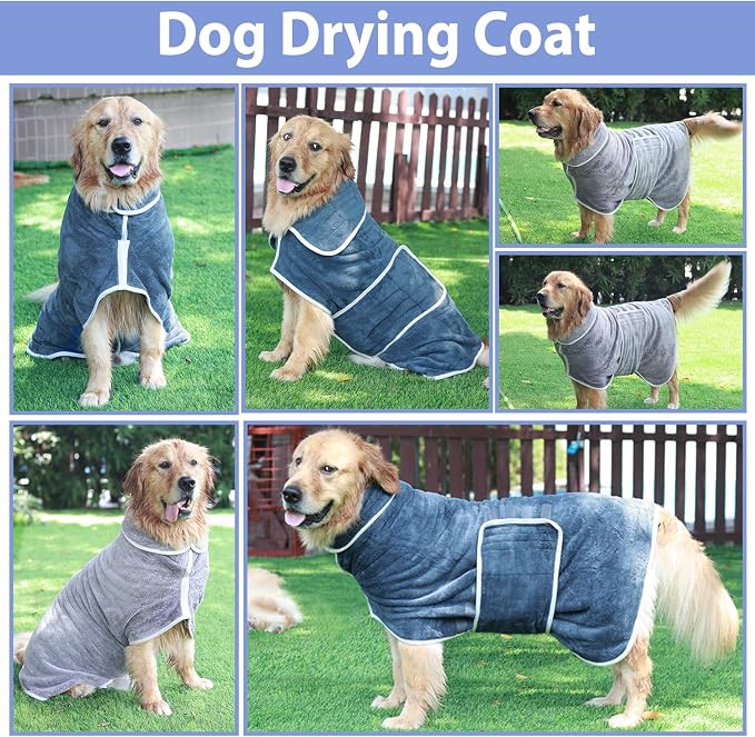 Dog Bathrobe Drying Coat - Super Absorbent Bath Robe for Large Dogs, Soft Adjustable Collar & Belly Strap Fast Drying Pet Towel for Dogs and Cats (Grey, Large)