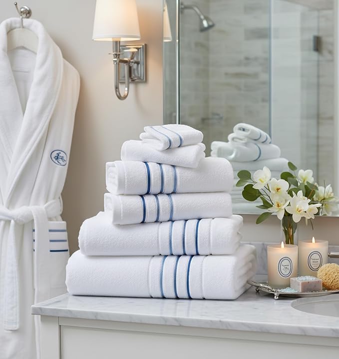 Bath Towels Set for Bathroom – Luxury 6-Piece Cotton Towels, Soft Absorbent & Quick Dry, 600 GSM Bath Towels for Bathroom, Hotel Spa Quality (2 Bath, 2 Hand, 2 Washcloths, White Blue Azure Stripe)
