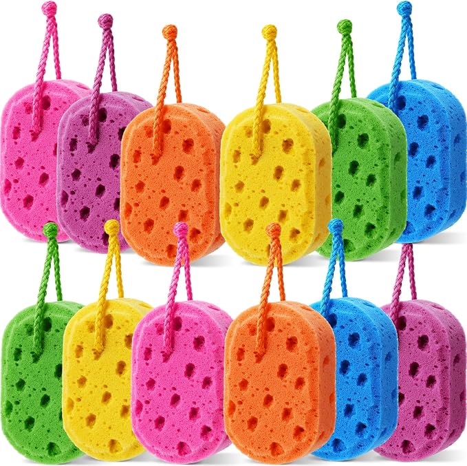 FoldTier 12 Pcs Exfoliating Bath Sponge Body Loofah Sponges Shower for Women Reusable Soft Bathing Pouf Foam Luffa Body Scrubber and Rich Lather, Color Matching (Bright Color)