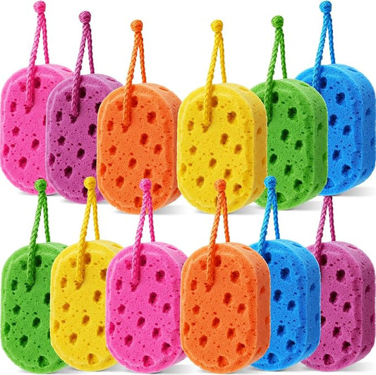 FoldTier 12 Pcs Exfoliating Bath Sponge Body Loofah Sponges Shower for Women Reusable Soft Bathing Pouf Foam Luffa Body Scrubber and Rich Lather, Color Matching (Bright Color)