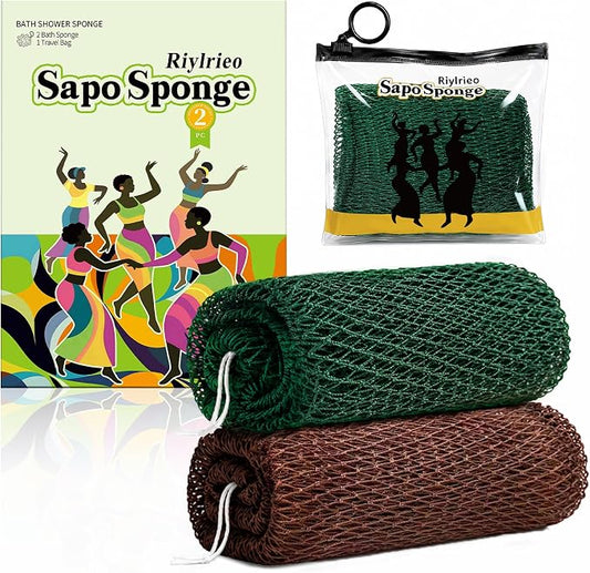 African Net Sponge for Shower, 2PCS Exfoliating Shower Sponge with Waterproof Travel Bag, Quick-Drying African Wash Cloth for Deep Cleansing & Smooth Skin (Forest Green & Dark Brown)