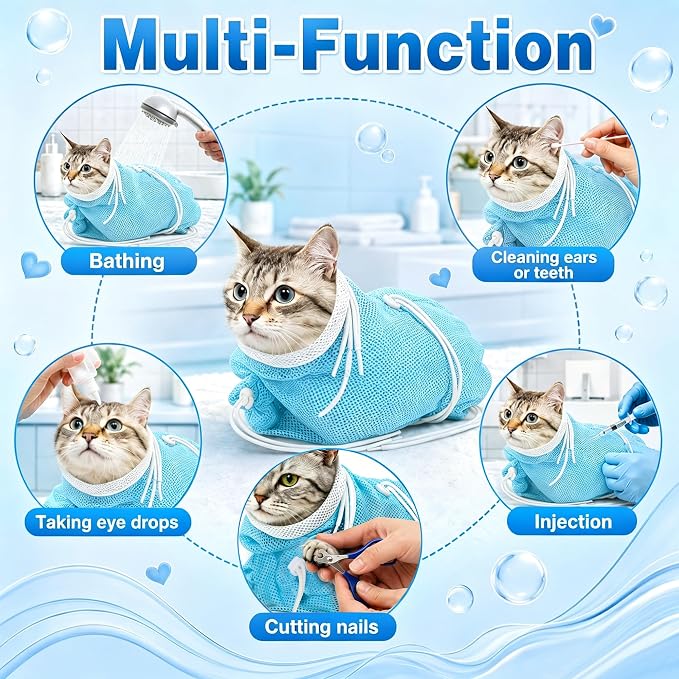 Cat Bathing Bag, Catcan Breathable Cats Grooming Bag, Anti Scratch Adjustable Cat Shower Washing Bags with Mesh for Nail Trimming (White- Blue)
