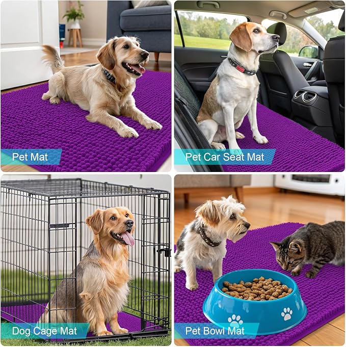 OLANLY Dog Door Mat for Muddy Paws 54x32, Absorbs Moisture and Dirt, Absorbent Non-Slip Washable Doormat, Quick Dry Chenille Mud Mat for Dogs, Entry Indoor Entryway Carpet for Inside Floor, Purple