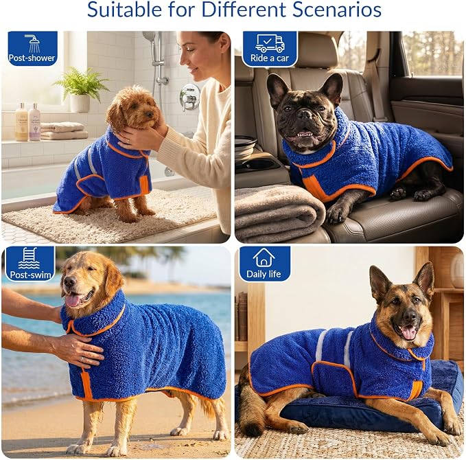 Bienbee Dog Bathrobe, Quick Drying Super Absorbent Pet Robes for Small Medium Large Dogs, Drying Coat for After Bath & Swim, Warm & Cozy Dogs Towels, Dog Puppy Bath Supplies, Dark Blue M