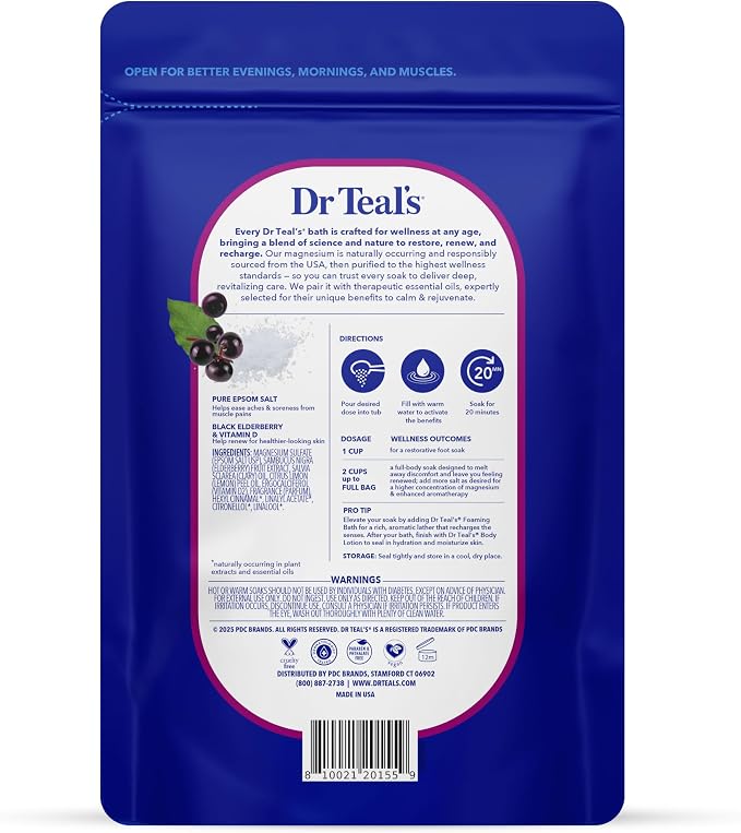 Dr Teal's Epsom Salt Magnesium Soak, Black Elderberry with Vitamin D, 3 lbs