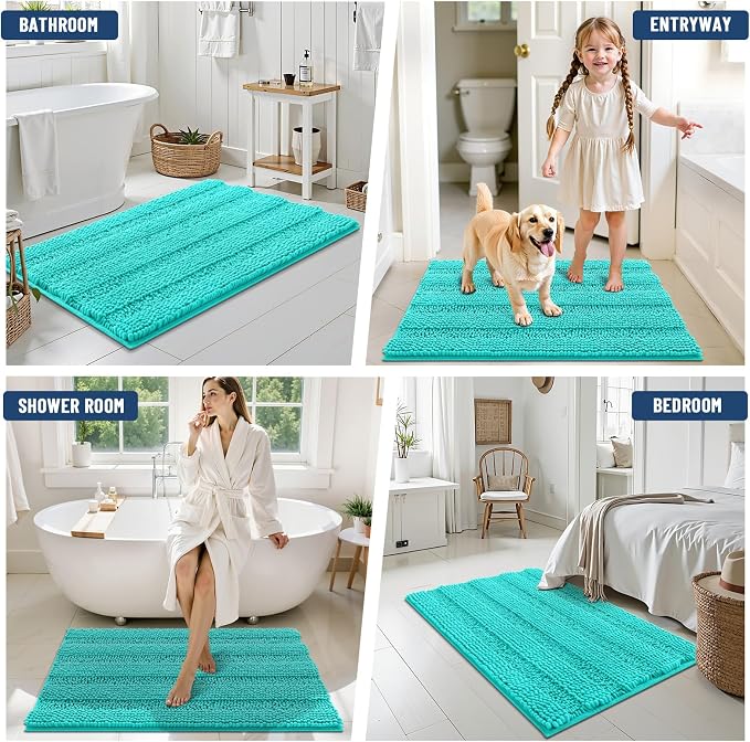 Grandaily Chenille Striped Bathroom Rugs 47x20, Extra Thick and Soft Absorbent Bath Mats, Rubber Backing, Plush Shaggy Shower Carpet, Machine Wash Dry, Bath Rug for Bathroom, Turquoise