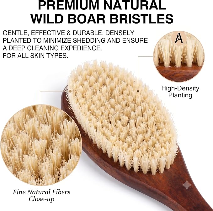 Wooden Bath Brush with Gentle Bristles Long Handle for Shower Back Scrubber Body Exfoliator (Gental Boar Bristle)