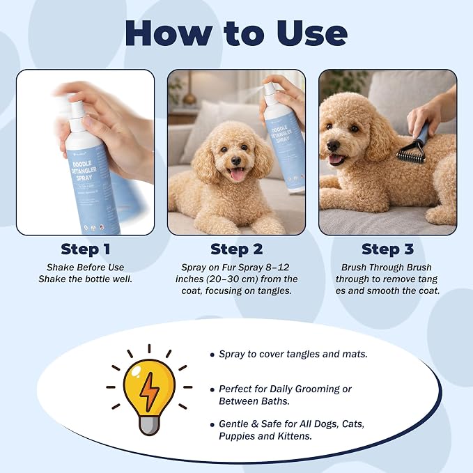 Dog Detangler Spray – Doodle Detangler Spray Leave-in Conditioner, Dematting Spray for Dogs, Cat & Dog Matted Fur Remover Grooming Spray, Removes Tangles & Odors, Poodle Tangle Remover – 6.8oz