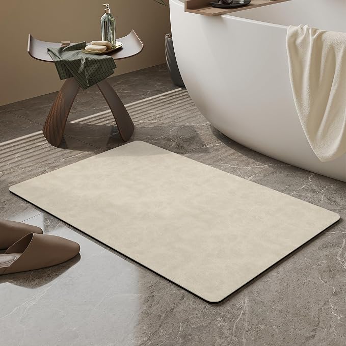 Mecko Bath Mat, Ultra Absorbent Quick Dry Bathroom Floor Mats-Rubber Non-Slip Thin Bathroom Rug Fit Under Door, Faux Suede Surface Shower Rug for Bathtub, Sink, Shower Room(Light Brown,16"x24")