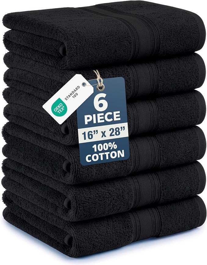 Black Hand Towels for Bathroom - 6 Pack (16"x28"), 100% Ringspun Cotton Hand & Face Towel - Soft, Prevent Fraying, Fade and Shrink Resistant - Daily Use Gym Towels for Men & Family Bathroom Hand Towel