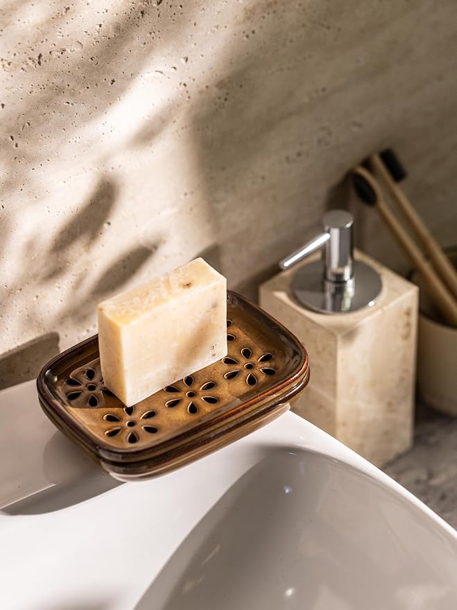 Miamolo Soap Dish with Draining, Bar Soap Holder Keeping Soap Bars Dry | 2-tier Tray Catch Drips, Mess-Free, Non-Slip Base | for Shower Bathroom Bathtub | Sponge Holder Kitchen Sink | Gift, Brown
