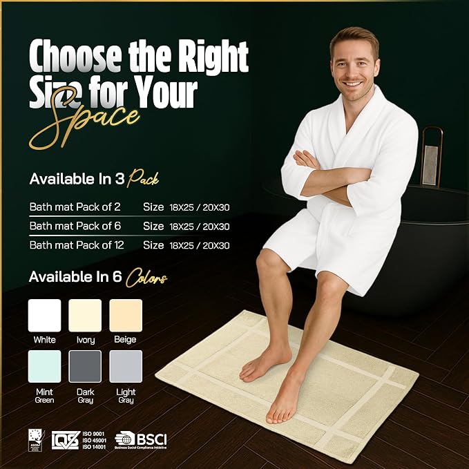 Pearl Linens Pack of 2 100% Cotton Bath Mat 18x25 inches, Soft & Absorbent Quick Dry Bathroom Mat Set, Not Bathroom Rugs, After Shower Mat, Bath Tub Mat, 781 GSM, Machine Washable, Beige