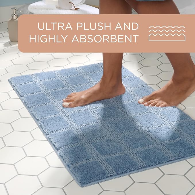 TOWN & COUNTRY EVERYDAY Ultra Plush Solid Tufted Windowpane Bath Mat, Soft and Absorbent Tufted Floor Mat, Non-Slip Backing, Machine Washable, Blue, 20"x32"