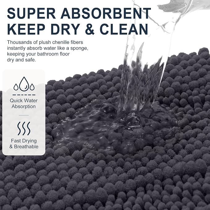 Smiry Thick Chenille Bathroom Runner Rugs 47x20, Extra Absorbent Striped Bath Mat, Machine Washable, Rubber Backing, Long Bath Rugs for Tub & Shower, Modern Home Decor Accessories, Dark Grey