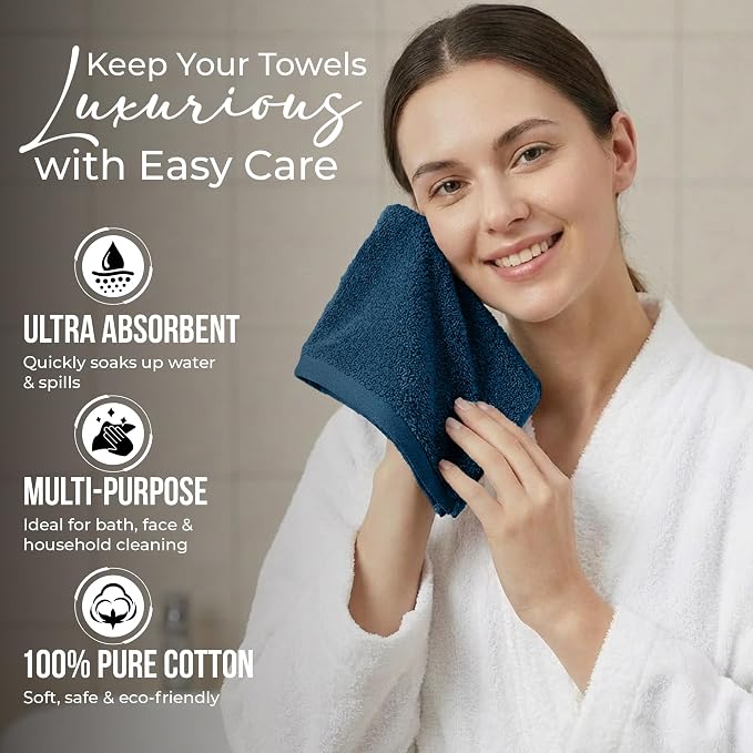 RIVERSIDE 12-Pack Premium 100% Cotton Blue Opal Face Towels for Bathroom [12x12] - Reusable Luxury Face Wash Cloths for Showering - 550 GSM Super Soft & Absorbent Washcloths for Body, Spa & Gym