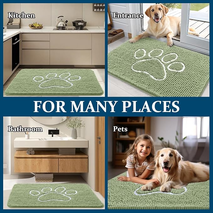 OLANLY Dog Door Mat for Muddy Paws 47x20, Paw Print Design, Absorbs Moisture and Dirt, Non-Slip Washable Doormat, Quick Dry Chenille Mud Mat for Dogs, Entry Indoor Entryway Carpet, Sage Green