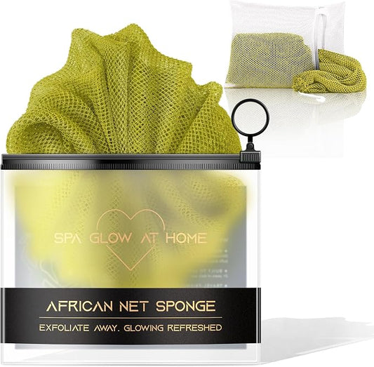 African Net Sponge - Deep Exfoliating Body Scrubber - Ultra Long African Net Sponge Reaches All Back Areas, Gently Buffs Away Dry Flaky Skin for a Renewed Feel, Home Spa Experience（Army Green）