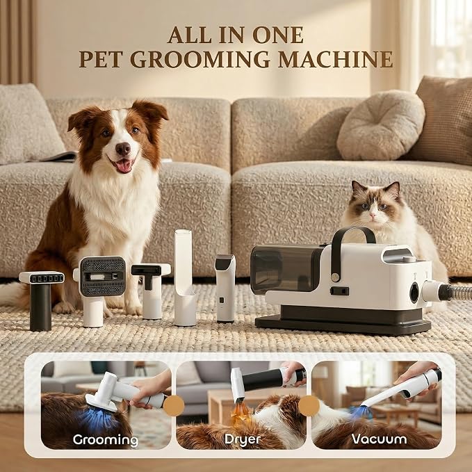 PawHut Dog Grooming Vacuum & Dryer, 5 in 1 Pet Grooming Kit with 50dB Low Noise Electric Clipper, 12Kpa Powerful Dog Vacuum for Shedding Pet Hair, Adjustable Speed & Temperature, 1.8L Canister