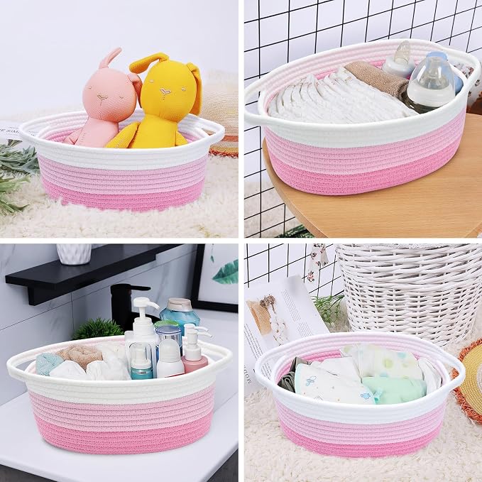 ABenkle Small Basket with Handles, Boho Decorative Rope Woven Dog Cat Toy Storage Bin Shelf Storage Organizer, Easter Christmas Gift Basket, 12"x8"x5"