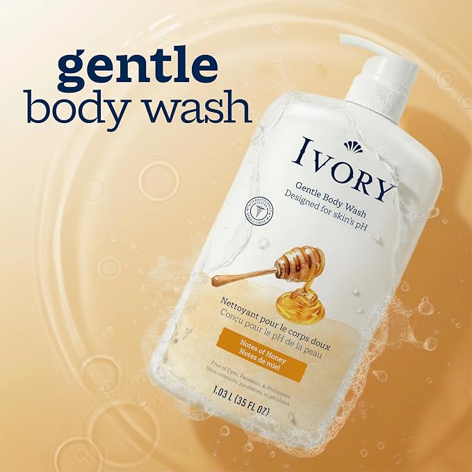 Ivory Body Wash, Designed for the Whole Family, Gentle Formula, Free of Dyes Heavy Perfumes Parabens Phthalates & Silicones, for Sensitive Skin, Designed for Skin's pH, Honey Scent, 35 oz