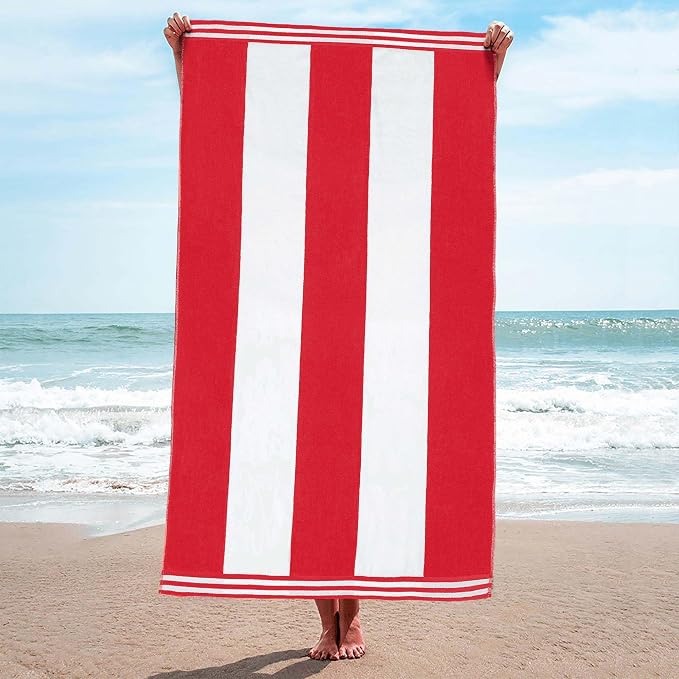 Superior Cotton Nautical Stripe Beach Towels, Colorful Towels for Adult, Kid, Pool, Swimming, Sand, Travel, Large Oversized, Absorbent, Fast Drying, Bath Basics, Cabana Collection, 1 Piece, Red