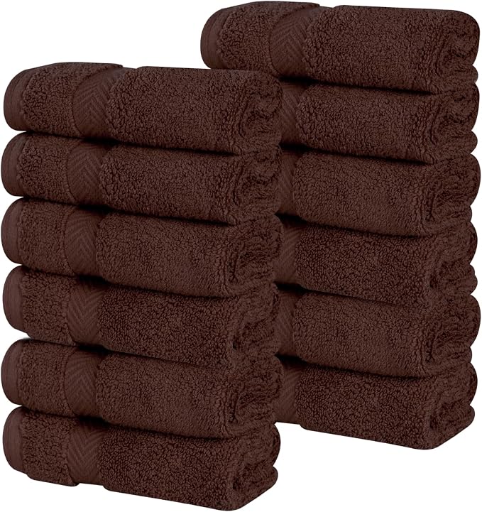 Superior Cotton Face Towel/Washcloth Set, Small Facial Towels, Spa, Hotel, Guest, Home, Bathroom Basics, Plush Soft Absorbent, Luxury Quick Drying, Zero Twist Collection, Set of 12, Espresso
