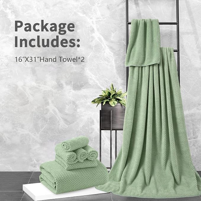 Hand Towels Set 2 Pack-16“x31”,Ultra Soft Microfibers Bathroom Towel Set Highly Absorbent Quick Dry Luxury Premium Towel Lightweight Durable Hand Towel Collection for Hotel Spa Gym Kitchen,Green