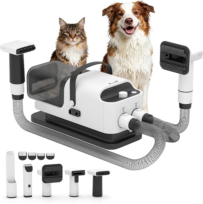 PawHut Dog Grooming Vacuum & Dryer, 5 in 1 Pet Grooming Kit with 50dB Low Noise Electric Clipper, 12Kpa Powerful Dog Vacuum for Shedding Pet Hair, Adjustable Speed & Temperature, 1.8L Canister
