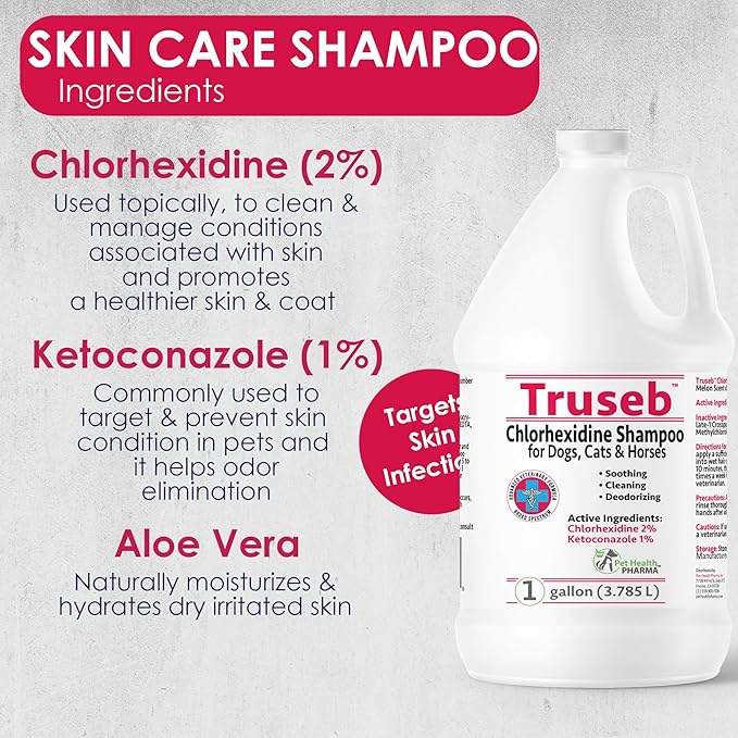 Truseb Chlorhexidine Shampoo for Dogs Cats & Horses with Aloe Vera - Medicated Dog ketoconazole Shampoo and Conditioner- Chlorhexidine for Dogs - Skin Irritation, Hot Spots, Redness Relief (1 Gallon)