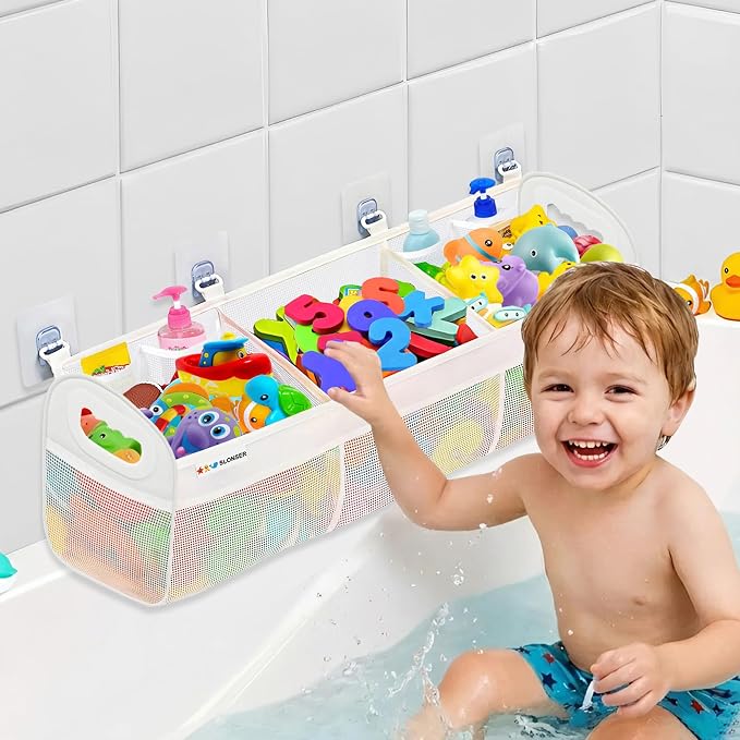 Bath Toy Storage for Bathtub – Large Bath Toy Holder & Bath Toy Net, Kids Bathtub Toy Storage Bag Organizer with 6 Strong Adhesive Hooks, Quick-Dry Mesh Bathroom Toy Holder Basket for Tub & Shower