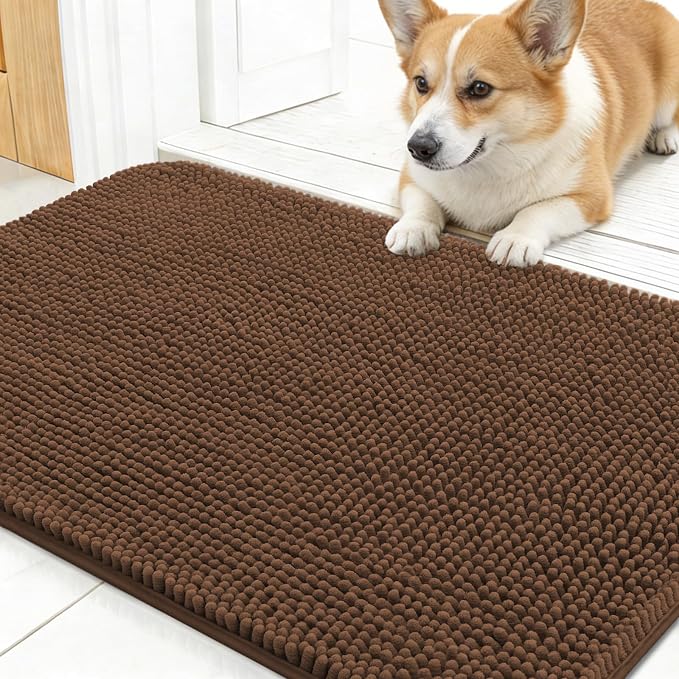 OLANLY Dog Door Mat for Muddy Paws 30x17, Absorbs Moisture and Dirt, Absorbent Non-Slip Washable Doormat, Quick Dry Chenille Mud Mat for Dogs, Entry Indoor Entryway Carpet for Inside Floor, Mocha