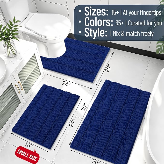 Smiry Thick Chenille Bathroom Runner Rugs 44x24, Extra Absorbent Striped Bath Mat, Machine Washable, Rubber Backing, Long Bath Rugs for Tub & Shower, Modern Home Decor Accessories, Navy