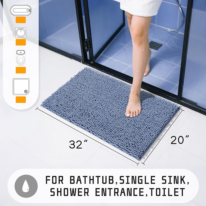 Yimobra Washable Bathroom Rugs, Super Soft & Absorbent Chenille Bath Mat for Floor & Carpet, Quick Dry Non Slip Bath Mat for Tub Shower, 32"x20",Denim Blue