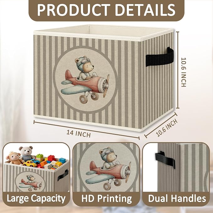 Bear Airplane Nursery Foldable Storage Bins Box with Handles, Neutral Striped Airplane Aviator Bear Collapsible Organizer Basket for Kids Boys Bedroom Bathroom Playroom Clothes Books