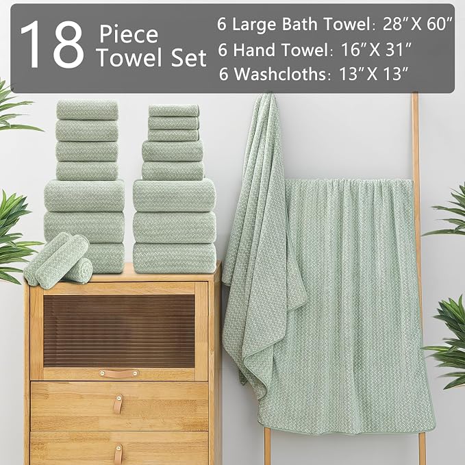 Ycosy 18 Piece Bath Towels Set,100% Microfiber Family Bathroom Towel with Hanging Loops-6 Bath Towels,6 Hand Towels,6 Washcloths,Quick Dry Highly Absorbent Shower Towel for Bathroom,Hotel,Spa-Green