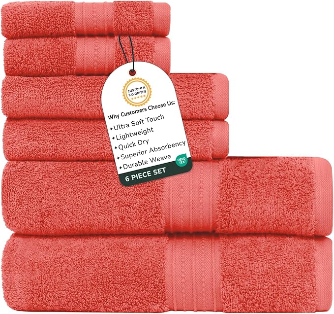 Feather & Stitch 100% Cotton Bath Towel Set of 6, 625 GSM Ultra Soft Highly Absorbent 2 Bath Towels, 2 Hand Towels & 2 Washcloth - Luxury Quick Dry Shower Towels. (Fresh Salmon)