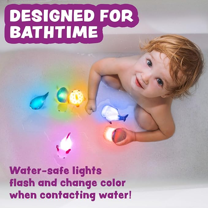 Tub Works® Under the Sea™ Light Up Bath Toys, 6 Pack | Water-Activated Light Up Toys Flash & Change Color | Easy-Grip Baby & Toddler Bath Toys | Sensory Bathtub Toys with Bath Lights for Kids Bath