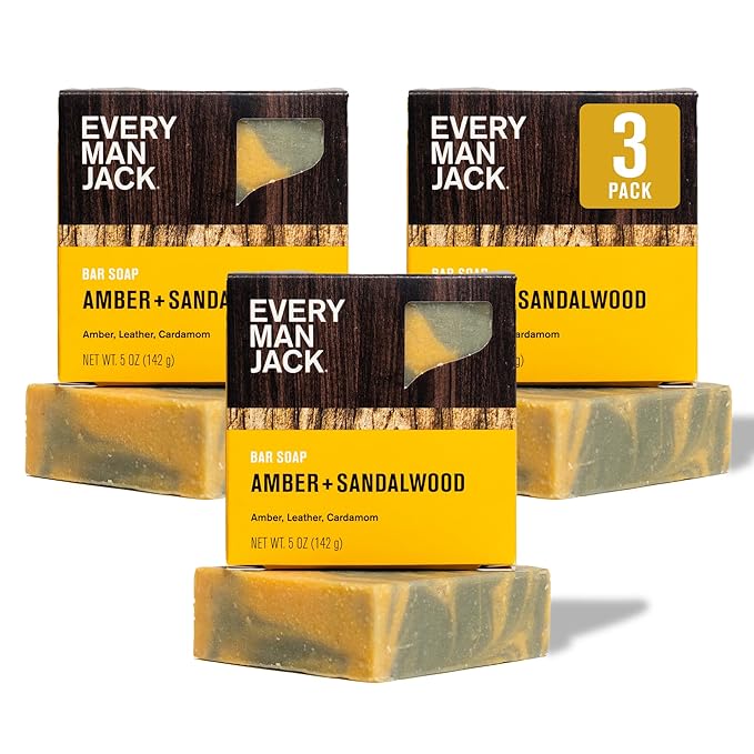 Every Man Jack Cold Processed Mens Bar Soap - Subtle Amber + Sandalwood Scent - Deeply Cleans & Hydrates w/Naturally Derived Ingredients - (3 Pack)