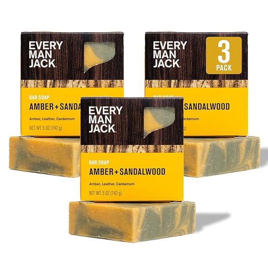 Every Man Jack Cold Processed Mens Bar Soap - Subtle Amber + Sandalwood Scent - Deeply Cleans & Hydrates w/Naturally Derived Ingredients - (3 Pack)