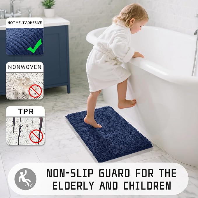 Yimobra Long Bathroom Rugs 47"x24", Extra Soft Non Slip Bath Mat for Tub, Super Absorbent Quick Dry Shaggy Rug Floor Carpet, Machine Washable,Navy Blue