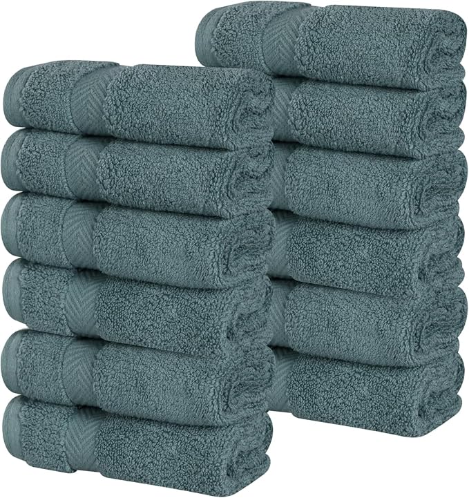 Superior Cotton Face Towel/Washcloth Set, Small Facial Towels, Spa, Hotel, Guest, Home, Bathroom Basics, Plush Soft Absorbent, Luxury Quick Drying, Zero Twist Collection, Set of 12, Jade Green