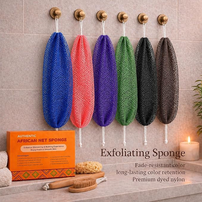 African Net Sponge Authentic, 4 Pcs Real African Exfoliating Net Sponge with Knots for Daily Shower Stretch Back Scrubber for Women Men Bath Travel Gift Gym Use (Black+Olive Green+Pink+Champagne Gold)