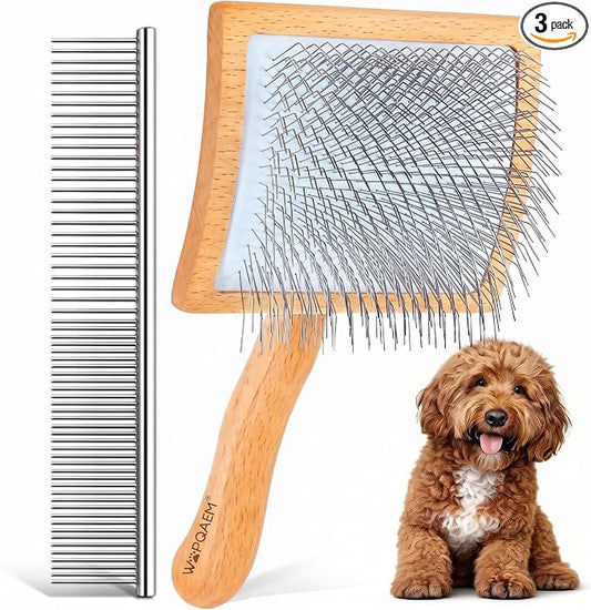 Wooden Long Pin Slicker Brush for Dogs, Doodles, Poodles, Long Hair | Grooming, Detangling, and Fluffing for Wavy and Curly Hair—Designed for Heavy, Thick Coats to Prevent Matting at Home