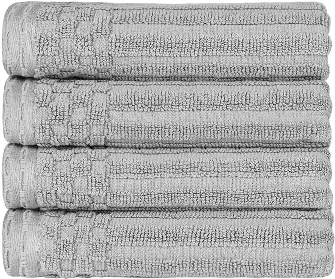 Superior Cotton 4-Piece Solid and Ribbed Hand Towel Set, Hand Towels- 16" x 28", Silver
