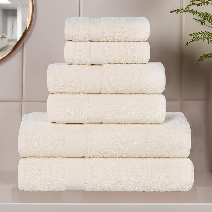 SUPERIOR - 450GSM 6 PC SET IV Eco-Friendly 100% Cotton Towel Set, 6 Piece, Ivory